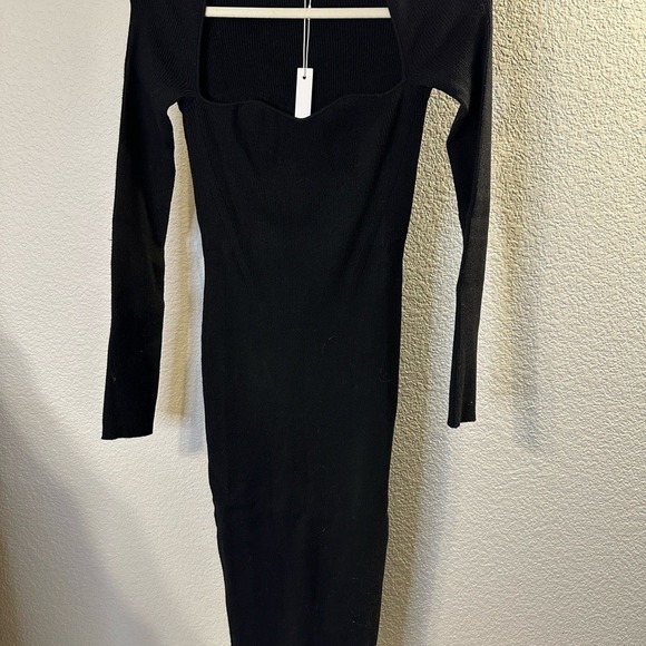 OGD Black Ribbed Knit Sweetheart Long Sleeve Bodycon Midi Dress Small NWT - Picture 2 of 6
